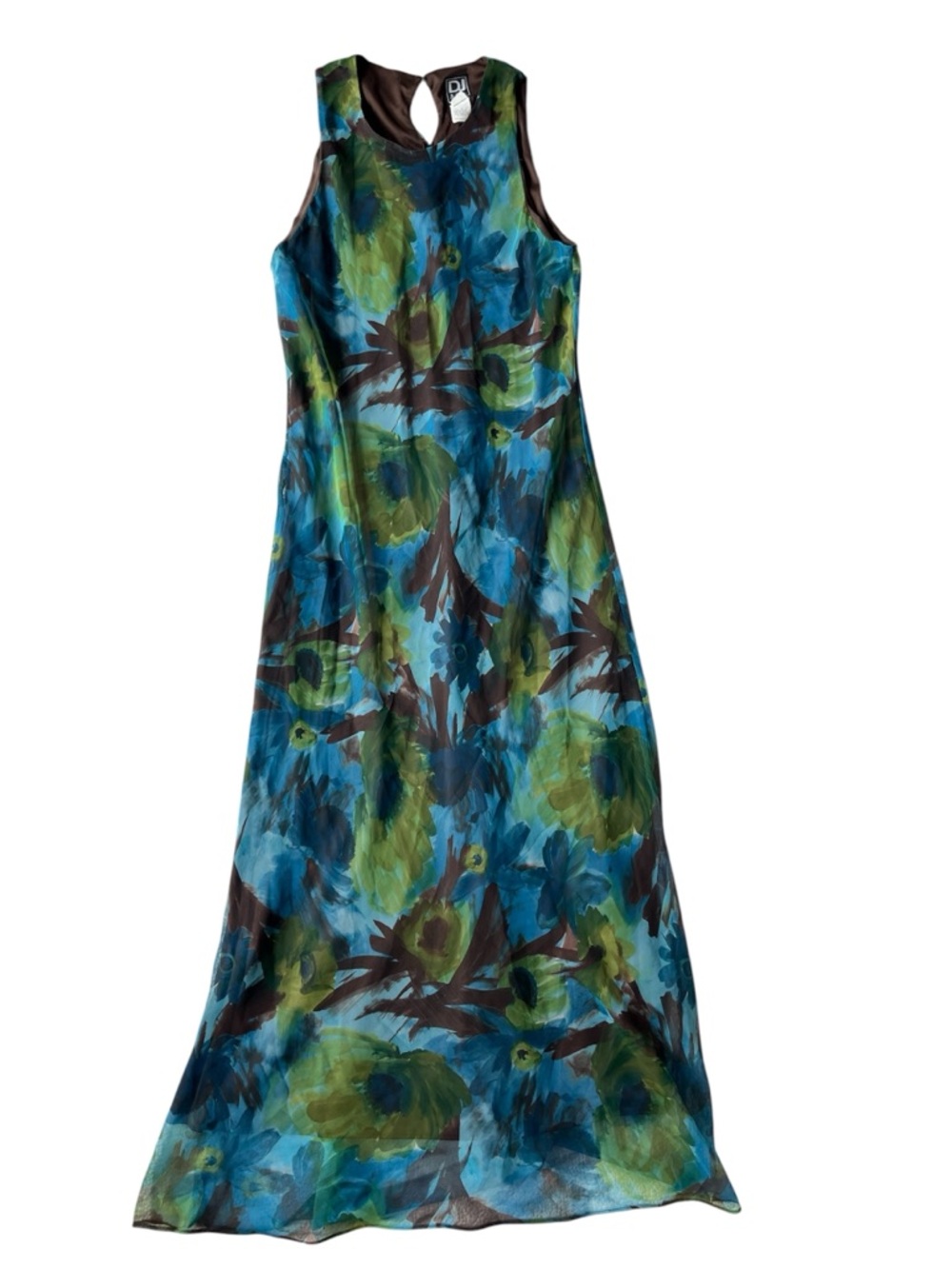VINTAGE 80S/90S DJ & CO MAXI BROWN & BLUE FLORAL DRESS MEDIUM MODEST